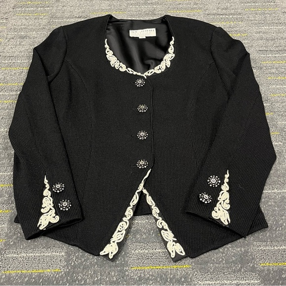 ST. JOHN Evening Santana Knit Blazer Jacket Black Wool Embroidered Beaded Size 2 - Picture 2 of 16